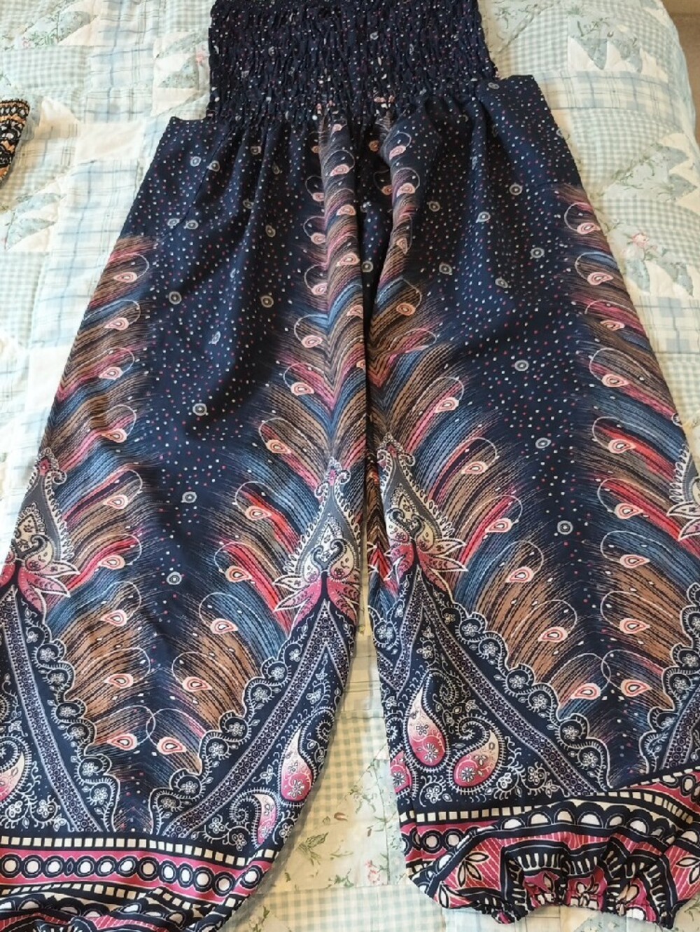 Set -2 Women’s Black & Navy Patterned Smocked Waist Harem Pants - Picture 2 of 3